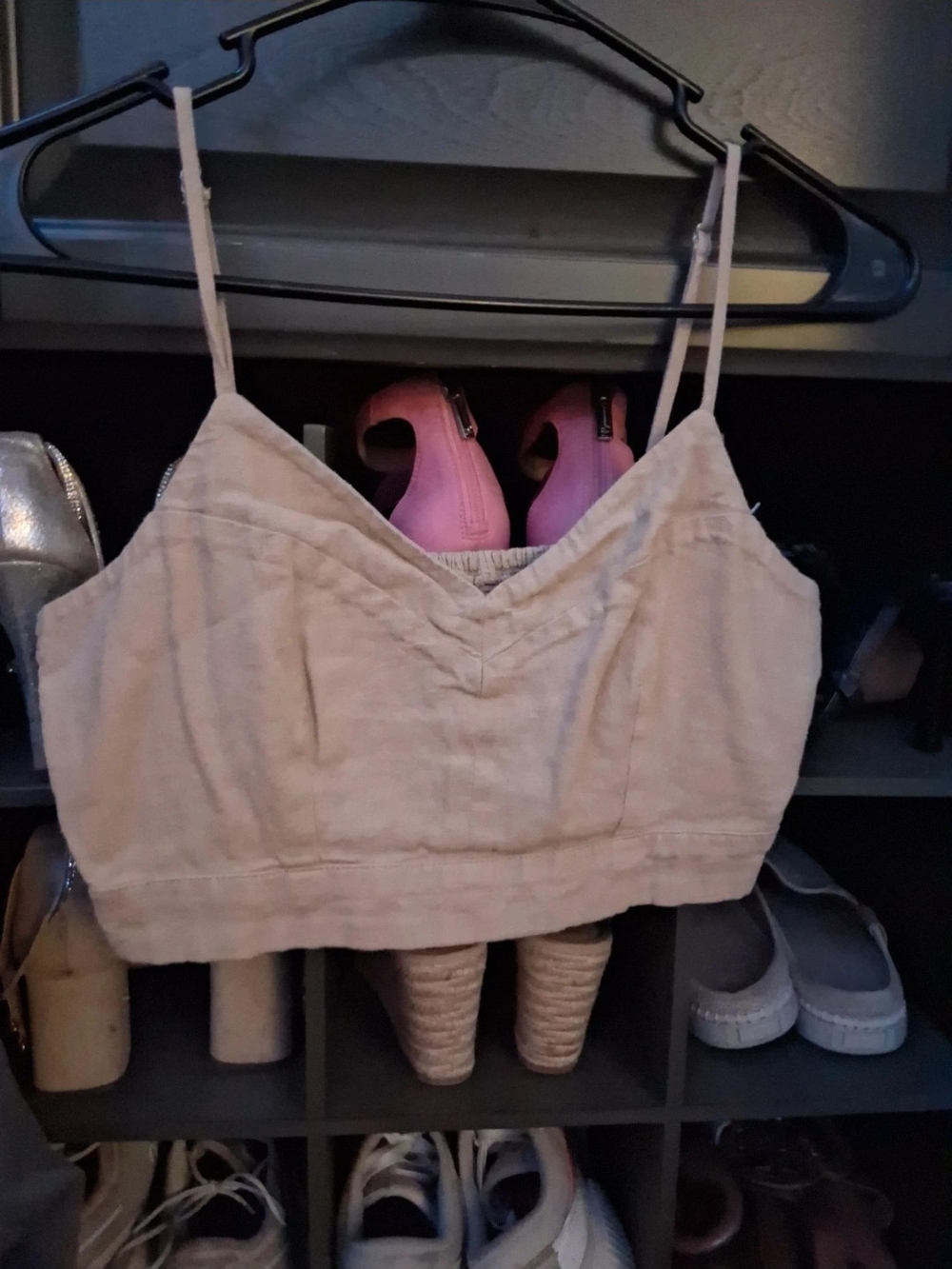 Kids Neutral Beige Linen-Look Crop Top with Spaghetti Straps